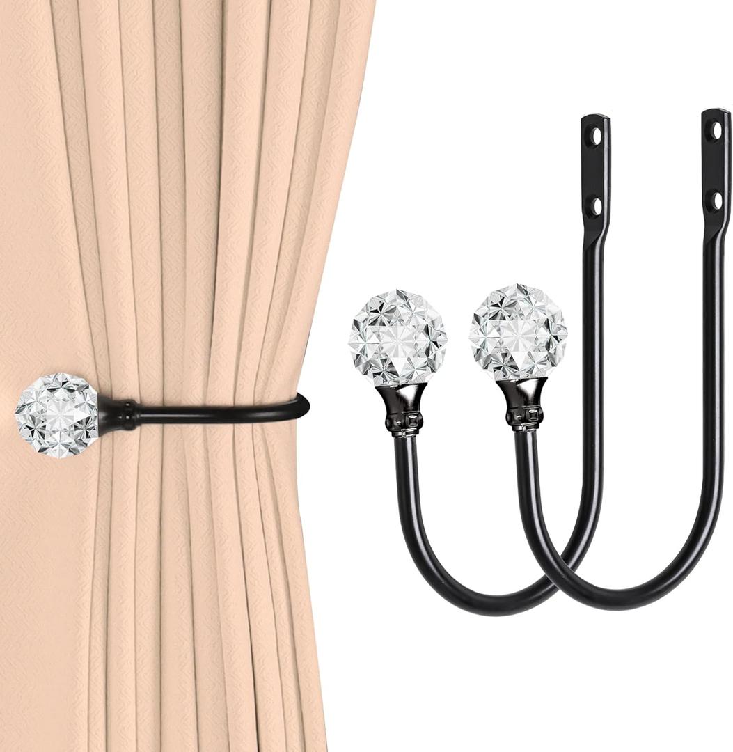 2 x Heavy Duty U Shaped Metal Curtain Holdbacks Curtain Tiebacks with Clear Crystal Ball Pull Backs Curtain Holders for Drapes (Black)