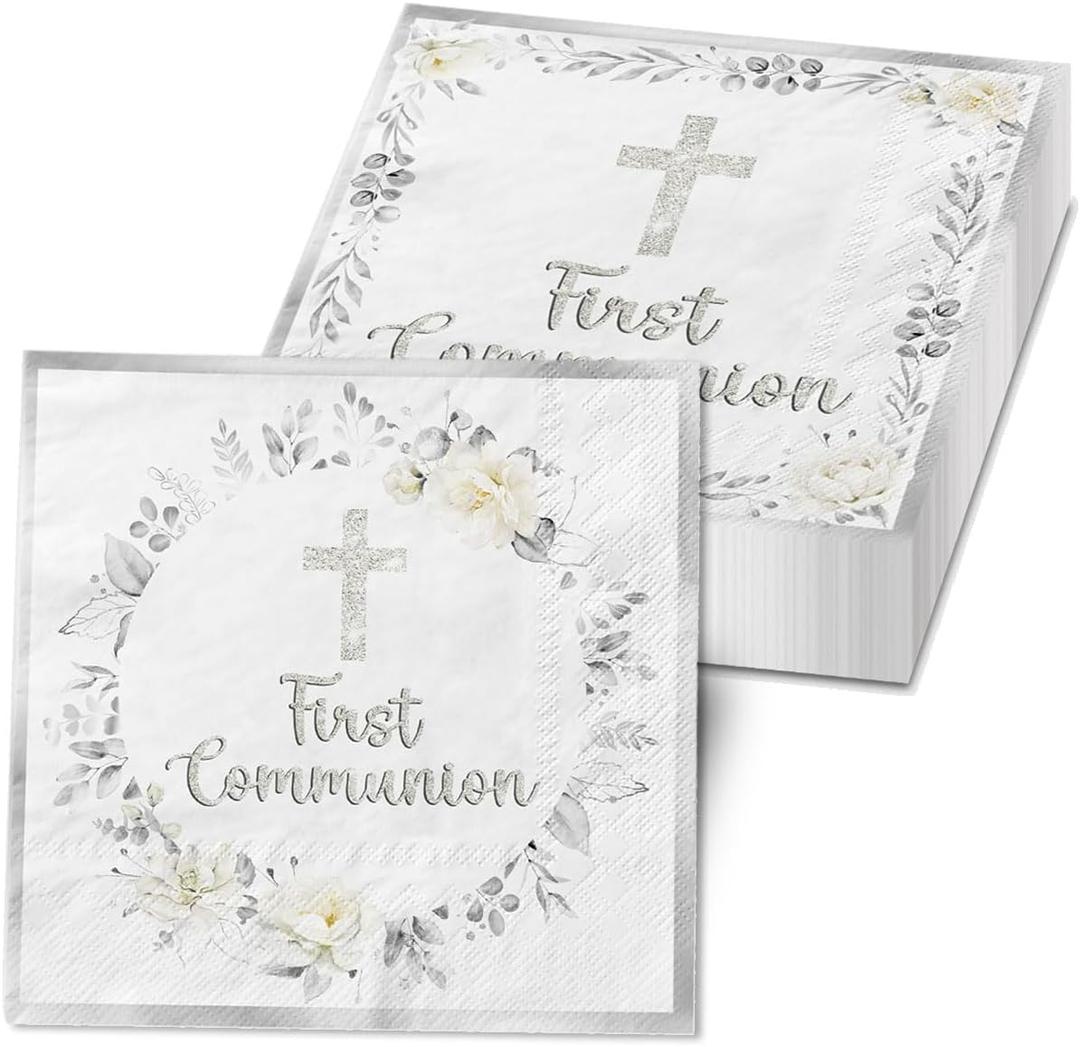First Communion Napkins Decorations, 40Pcs Silver Communion Napkins God Bless Baptism Birthday Supplies Paper Napkins for Christening Celebration Baby Shower Communion Party Supplies
