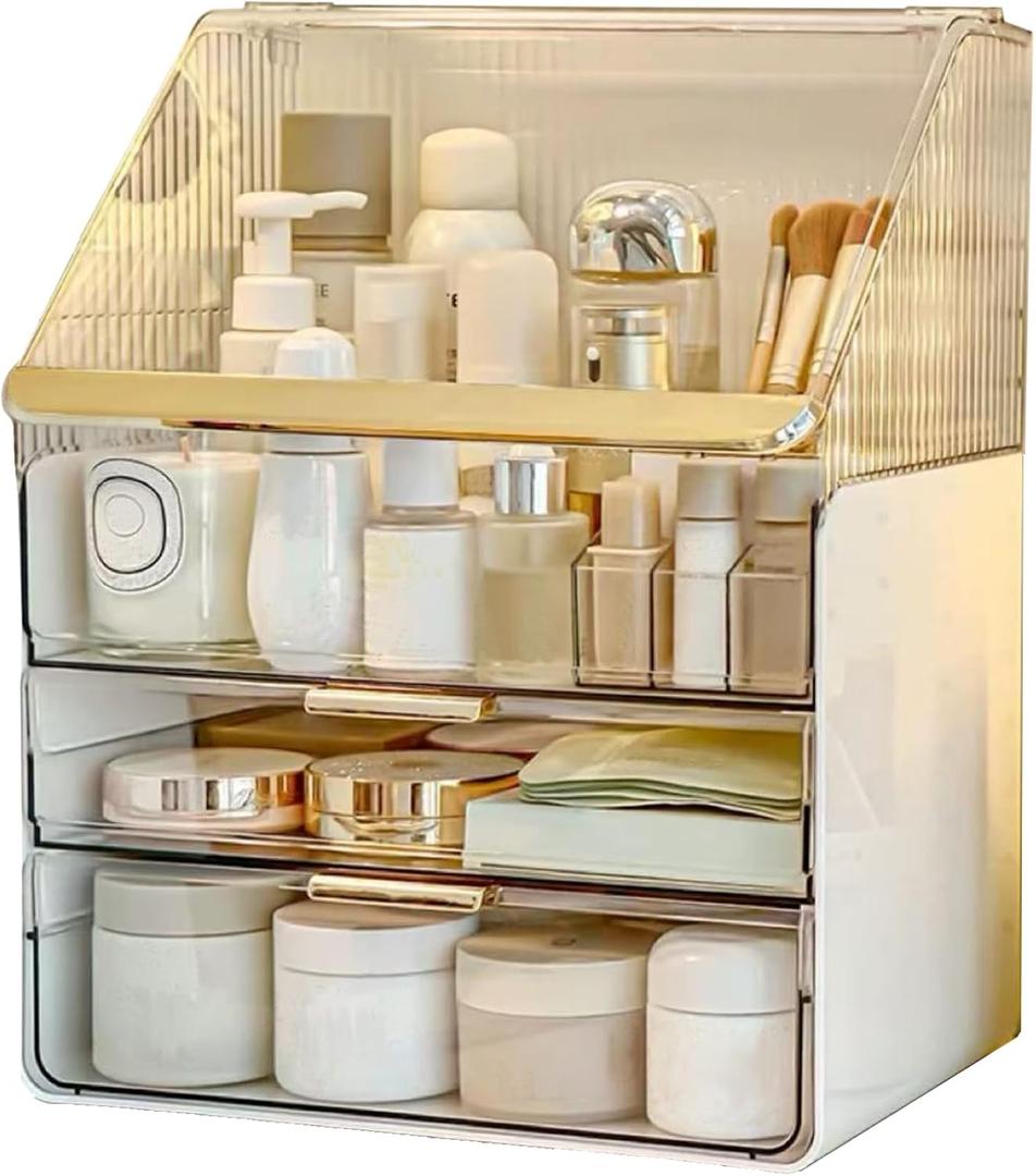 Large Makeup Organizer Countertop Vanity Organizer Cosmetic Organizer Makeup Storage Box Bathroom Counter Organizer Perfume Skincare Organizers Gift Women Girls Clear Design Easy Visibility (White)