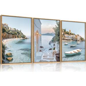 Greek Island Coastal Framed Canvas Wall Art Set,Modern Mediterranean Whitewashed Architecture Scenery Wall Decor,Natural Blue Beach Boat Landscape Artwork for Living Room,Farmhouse- 24"x36"x3