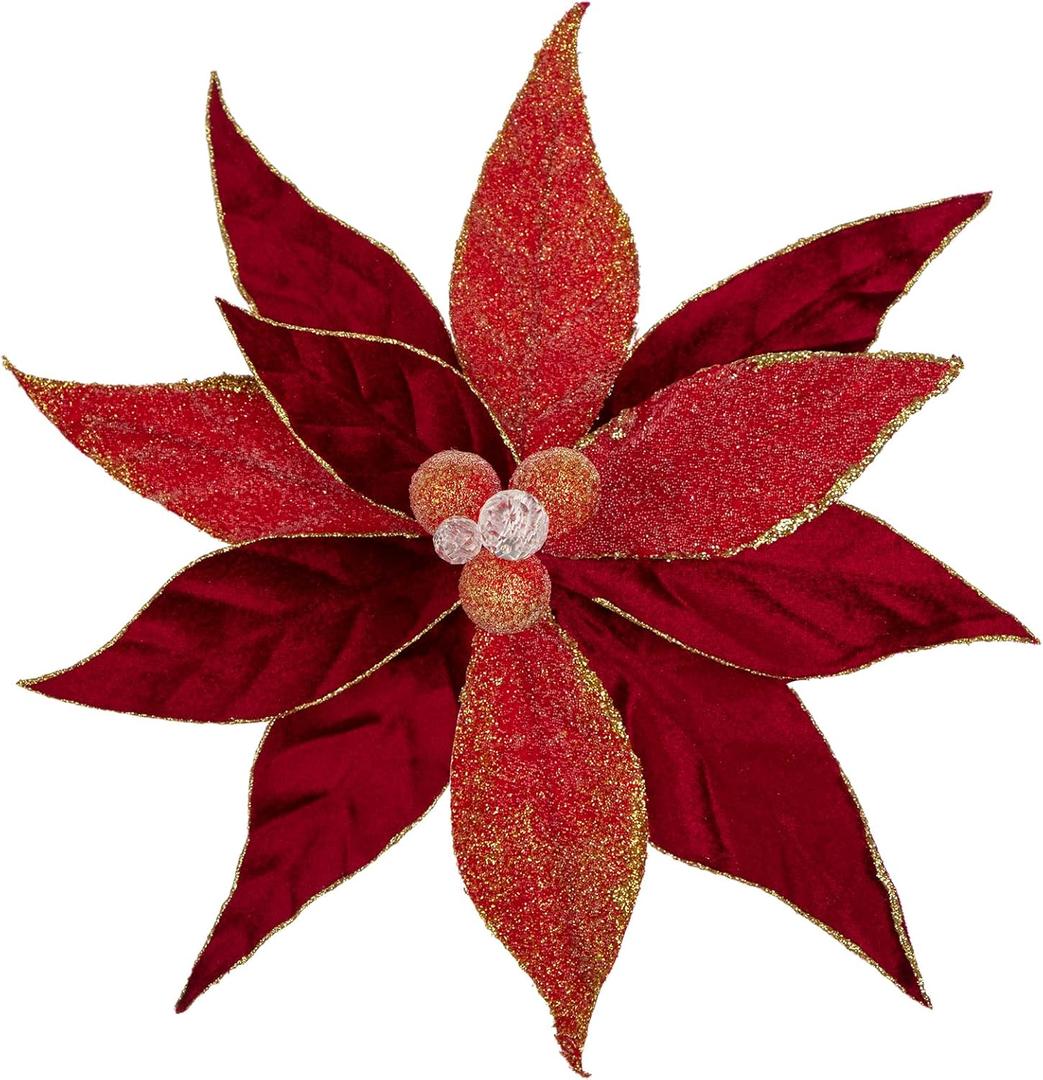 Hollyone 2PCS Poinsettia Christmas Flowers Artificial 11" Large Velvet Red Glitter Poinsettia Flowers Christmas Tree Ornaments Floral Picks for Tree Wreath Garland Vase Table Centerpiece Home Decor