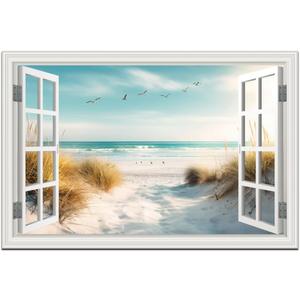 Canvas Wall Art Ocean Prints for Living Room & Bedroom - White Window Style Beach Path Painting Coastal Seascape Artwork - Reeds Landscape for Home Office Decorations (24"x36") (36L" x 24W", Beach Reeds Canvas Pictures)