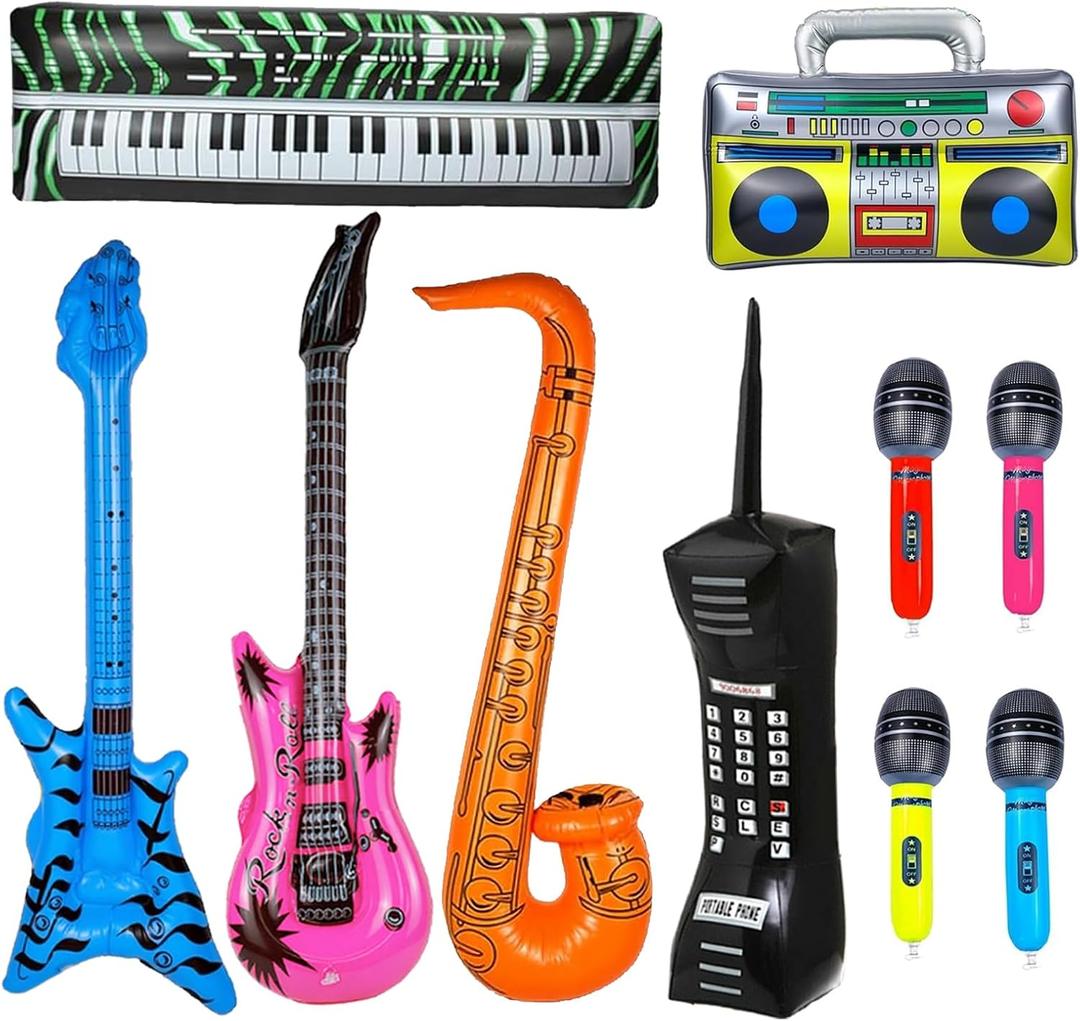 10pcs Inflatable Instruments Party Props Rock Star Toy Set Inflatable Saxophone Bass Rock Microphone Rock Electric Guitar Recorder Suitable for Various Music Parties(Retro Style)