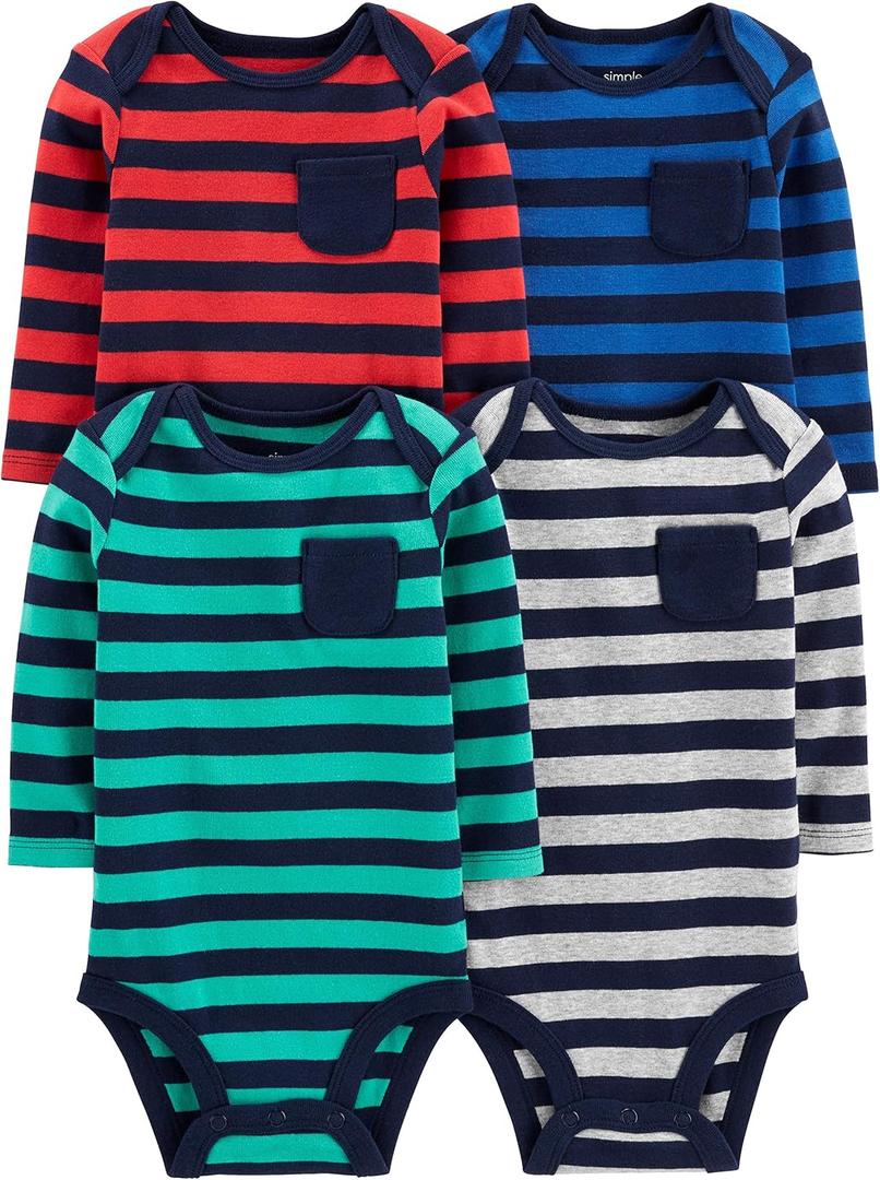 Simple Joys by Carter's Baby 4-Pack Long-sleeve Bodysuit (3-6 Months, Blue/Mint Green/Grey/Red Stripe)