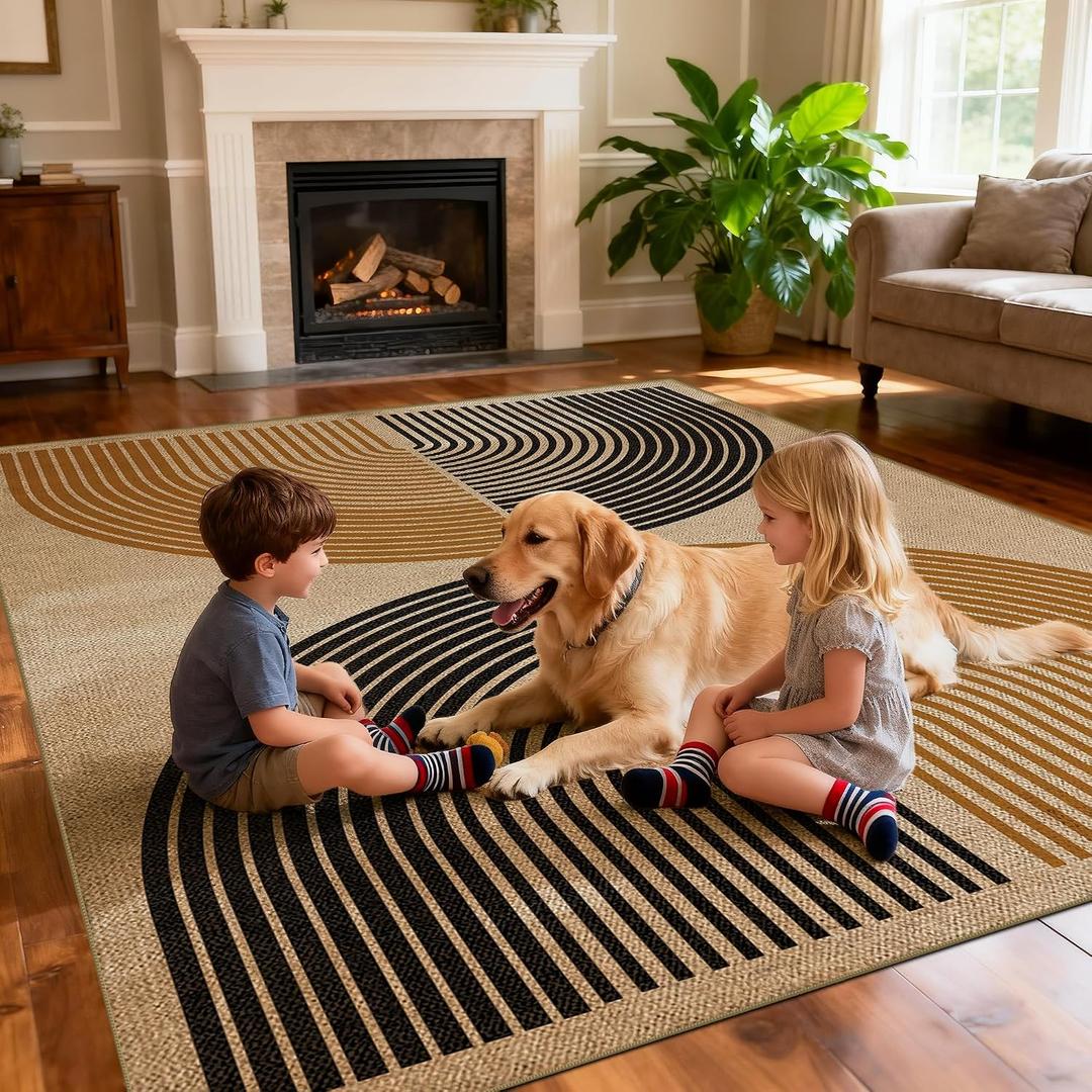 Washable Rainbow Easy Jute Rug 8x10, Neutral Geometric Modern Outdoor Indoor Patio Farmhouse Large Rugs, Woven Non Slip Thin Carpet for Living Dining Play Room Bedroom Classroom Kids Nursery