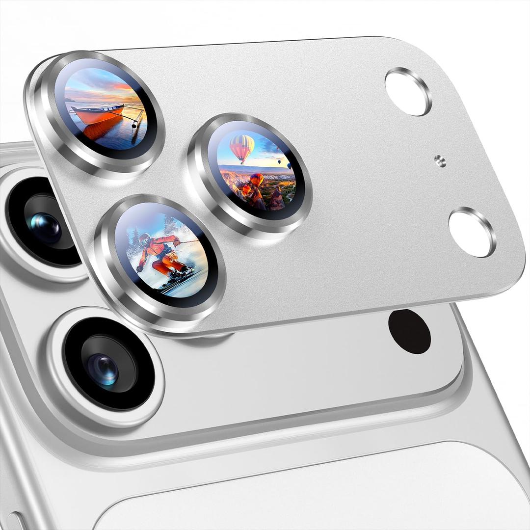 Uyiton Compatible with iPhone 17 Pro Max Camera Lens Protector - [Not Easy to Break][Strong Adsorption][Case-Friendly] Metal Tempered Glass Rear Camera Screen Cover - Silver