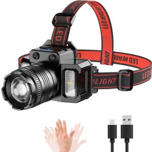 Headlamp Rechargeable Head Lamp LED, Super Bright Motion Sensor Head Light with Red/White/Blue Light, Waterproof Adults Forehead Flashlight Headlight for Camping, Running, Hiking, Fishing