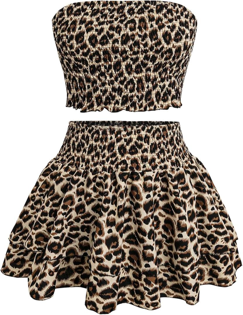 MakeMeChic Women's Plus Size 2 Piece Y2k Outfit Leopard Print Strapless Shirred Tube Crop Tops and Skirt Set (3X-Large Plus, Brown)