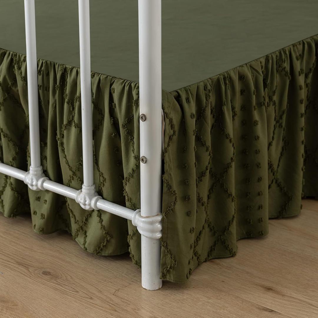 Bed Skirt Queen Size Ruffled Bed Skirt with Split Corners, 18 Inch Drop Dust Ruffle Bed Skirts with Platform, Boho Tufted Shabby Chic Queen Size Bed Skirts, Olive Green