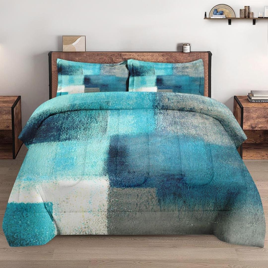 Twin Size Comforter Set with Pillowcase, Painting Contemporary Teal Turquoise Grey Soft 2 Pcs Bedding for Kids and Adults Bedroom Bed Decor (Multi 1)