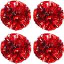 TTSAM 4 Pack (2 Pair) Metallic Foil Cheerleader Pom Poms & Plastic Ring Cheer Poms with Baton Handle Cheerleading Pompoms for Sports Party Dance Team Accessories Cheering Squad Spirit (Red & Silver)