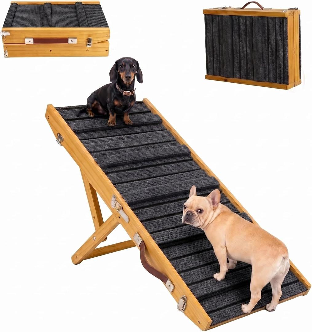 Dog Ramp for Couch & Bed for Dogs, Foldable Small to Large Dog Ramps for Bed Sofa Car - 5 Adjustable Height (10.8"-23.5"), Portable, Wider and More Stable, Non-Slip, Carry Handle, Walnut