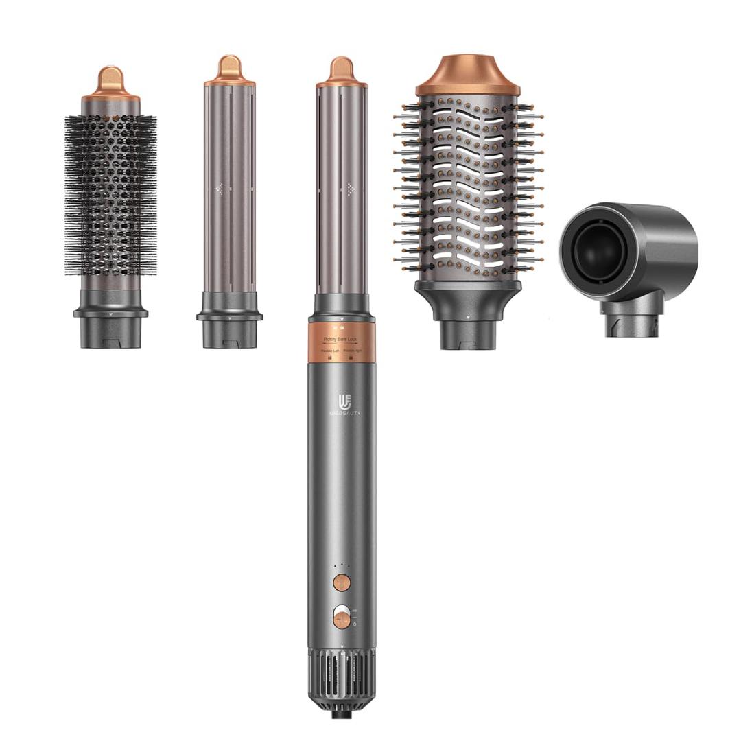 Hot Air Brush Hair Styler, 6 in 1 Hair Dryer Brush Auto Wrap Curlers Frizz-Free Styling Tool for All Hair Types Fast Drying, Curling, Smoothing, Volumizing & Straightening with Negative Ion (Gray)