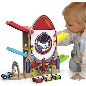 Letoiz Wooden Race Track Car Ramp Racer Toy for Toddlers, Rocket Car Ramp Toy Vehicle Playsets with 4 Mini Cars - Fine Motor Skills Toddler Toys for 2 3 Year Old Boy and Girl Birthday Gifts