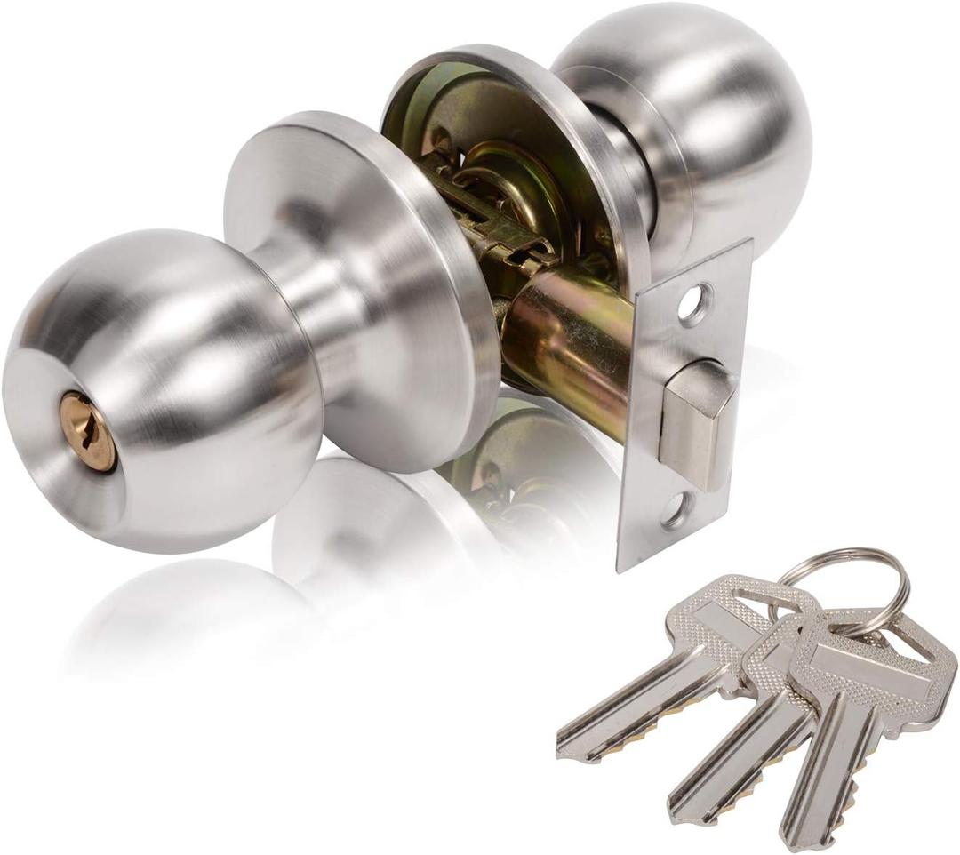Door Knob with Lock, Exterior Door Knob for Bedroom/Bathroom or Office, Door Lock with Key for Right/Left Handed Doors (Satin Nickel)
