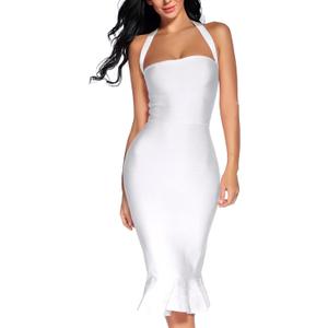 houstil Women's V Neck Halter Fishtail Bandage Bodycon Dress Party (Medium, White)