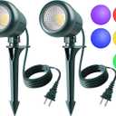 Christmas Spotlights Outdoor, 120V Plug-in Halloween Spot Light, 5000K LED Landscape Lighting with 5 Color Lenses (Red Green Blue Purple Yellow), IP67 Waterproof, Pack of 2 