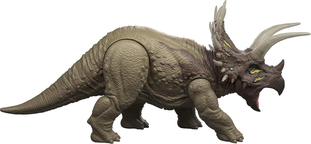Mattel Jurassic World Wild Roar Triceratops Dinosaur Action Figure Toy, Roar Sounds & Attack & Lights, Scan Code for Digital Play, 12.2 inches