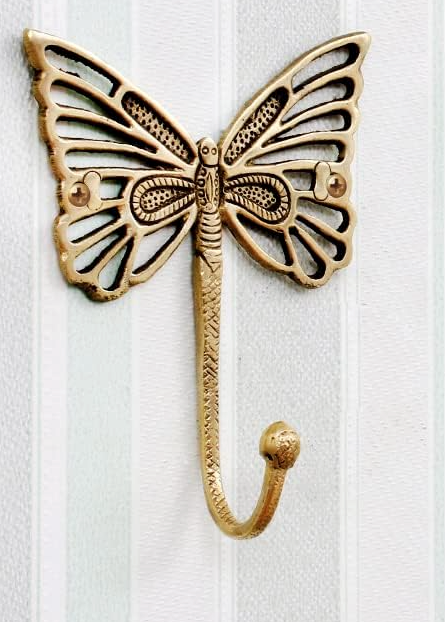 Indian Shelf Decorative Brass Butterfly Cute Kids Wall Hooks Heavy Duty Coat Rack Wall Mount Vintage Gold Towel Hooks for Hanging Coats, Keys, Backpack, Purse, Hat, Jewelry & More - 2 Pack