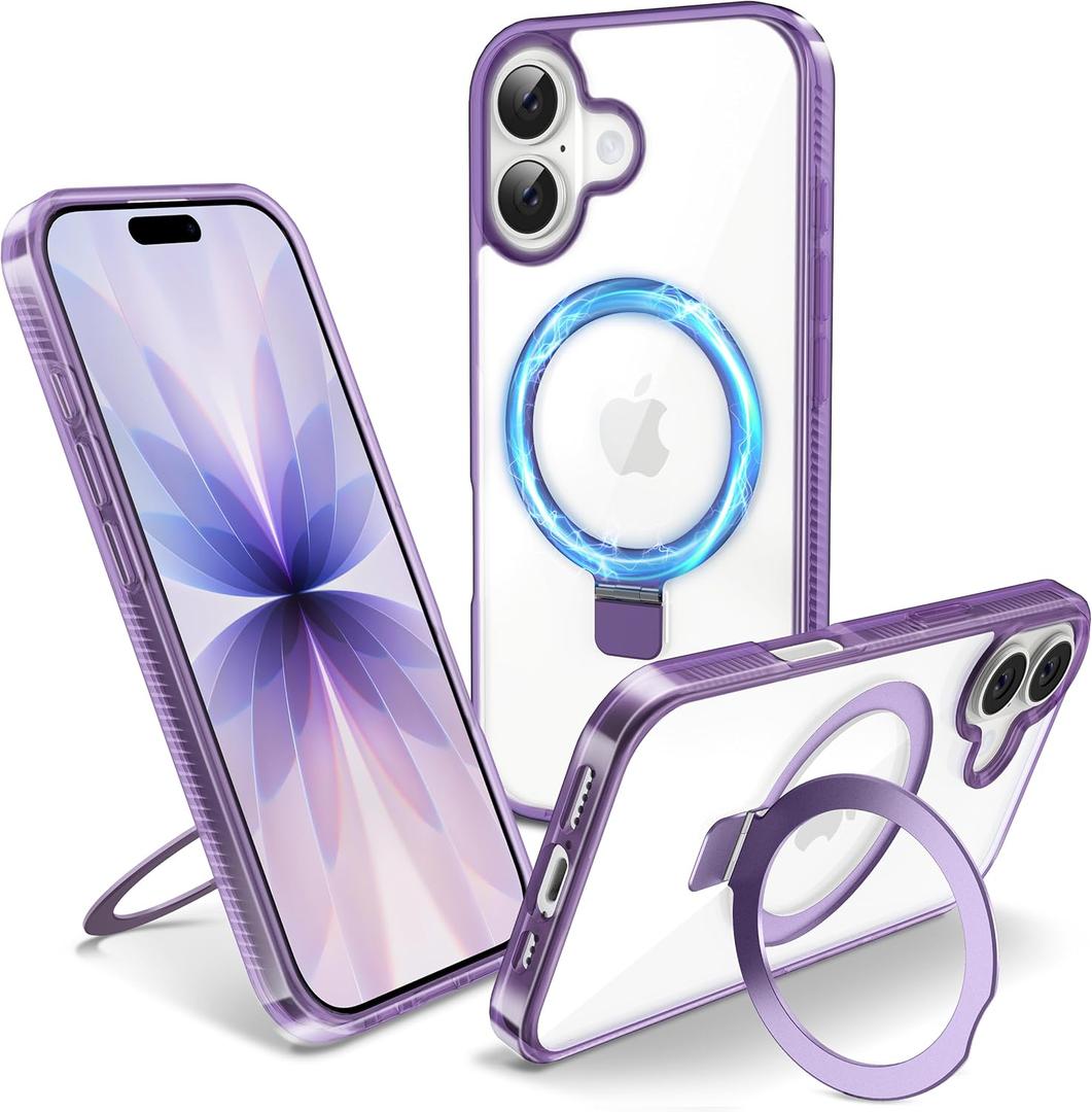 Magnetic Case for iPhone 17 - [Built-in Invisible Stand] [Compatible with MagSafe] [Military Grade Drop Protection] Anti-Yellowing Hard Back Silicone Edge Cover, 6.3", Clear Purple