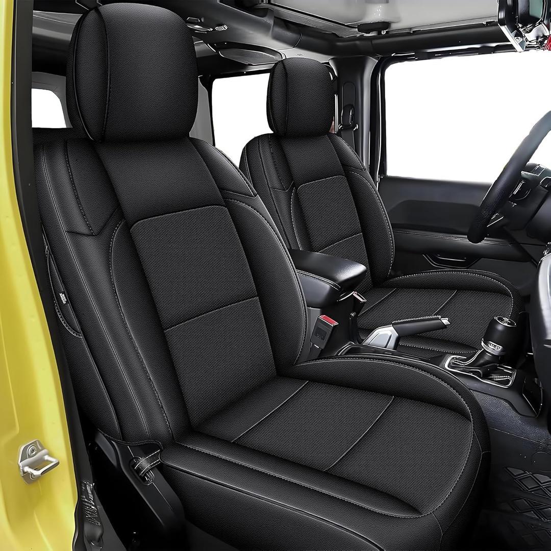 Custom Fit Seat Covers for Jeep Wrangler 4 Door JL: Unlimited Sahara Rubicon 392 Freedom Altitude Islande 2018 2019 2020 2021 2022 2023 2024 with Rear Cup Holder,Faux Leather,Black (Not for 4XE)