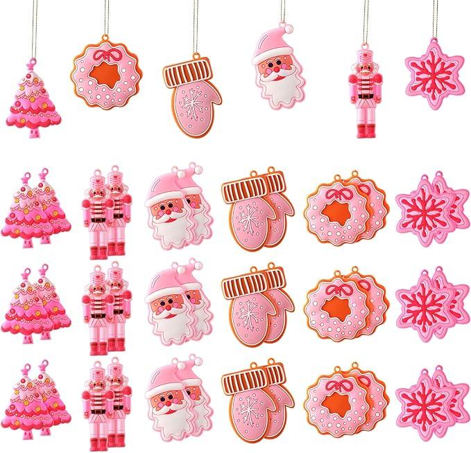 Zhanmai 24 Pcs Christmas Pink Ornaments Christmas Tree Hot Pink Decorations Cute Xmas Hanging Ornaments Traditional Xmas Tree Party Decors