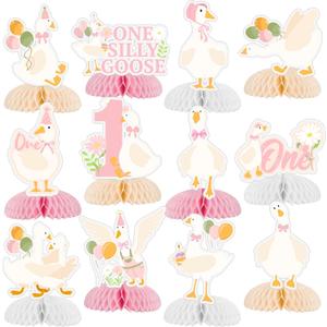 12 PCS Silly Goose Honeycomb Centerpieces, One Silly Goose 1st Birthday Party Decorations Silly Goose Table Centerpieces Decorations Party Supplies for Pink Bow One Silly Goose Birthday Decor