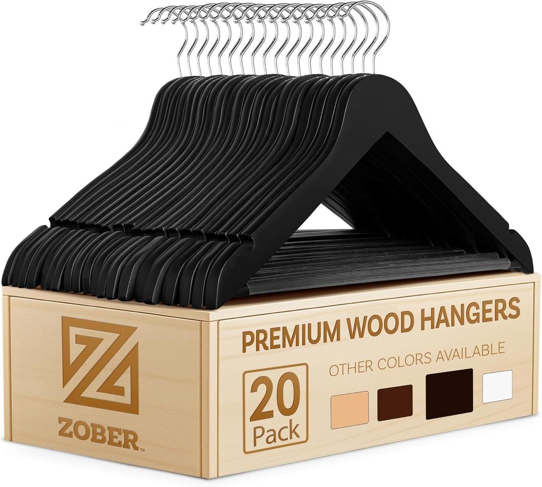ZOBER Wooden Hangers - 20 Pack, Heavy Duty, Non Slip Wood Hangers for Coats, Jackets, Suits, & Pants - Clothes Hangers for Closet W/ Bar and Notches (Black)