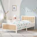 Timy Toddler Bed with Upholstered Bedside, Crib Metal Bed Frame with Safety Guardrails for Boys Girls Toddlers, White