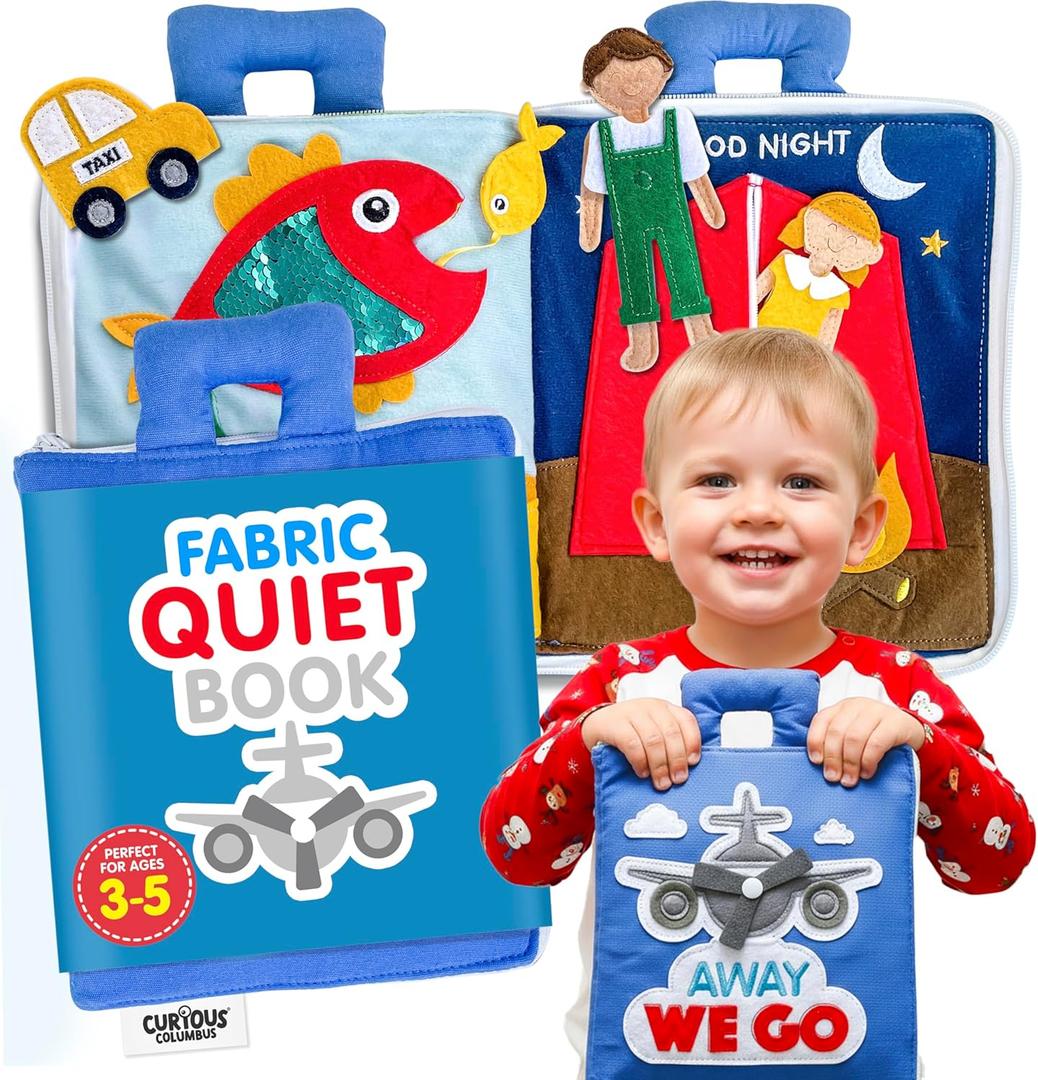 Curious Columbus Quiet Book Away We Go Busy Book for Kids, Montessori Airplane Travel Toy for Preschool and Early Learning