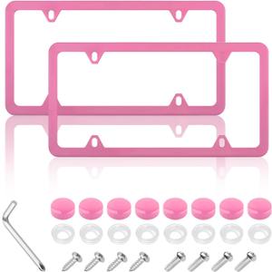 2PCS Colorful Car License Plate Frames with Gaskets Screws & Caps,Stainless Steel 4 Holes License Plate Holder Fits U.S. Standard,Universal Car Accessories Car Tag Frame (Pink)