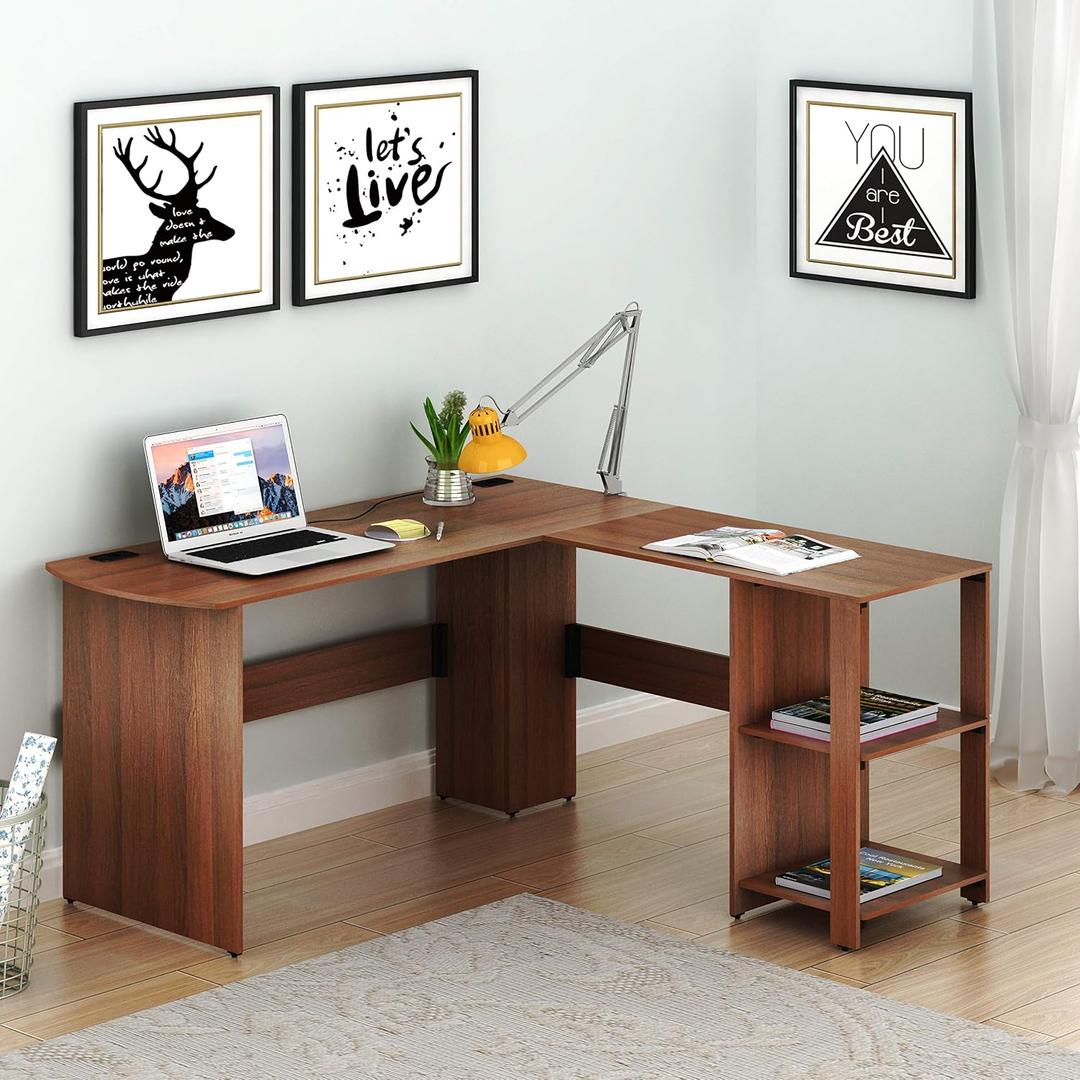 SHW 51 x 51 Inches L-Shaped Home Office Wood Corner Desk wtih Storage, Walnut, Shelves