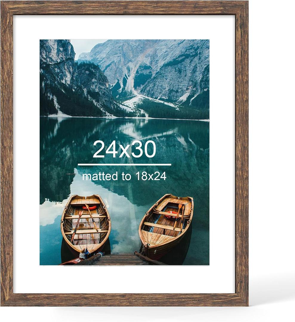 Hongkee 24x30 Picture Frame, Rustic Brown Wood Style, Wall Mounting | Display Posters 18 x 24 with Mat or 24 x 30 without Mat, 1 Pack for Photos, Artwork; Fits Home, Office & Gallery Wall Decor