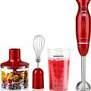 OVENTE Immersion Hand Blender Set, 300W Electric Handheld Stick Mixer, 2 Mixing Speeds with Stainless Steel Blades, Egg Whisk, Beaker & BPA-Free Food Chopper, Red HS565R