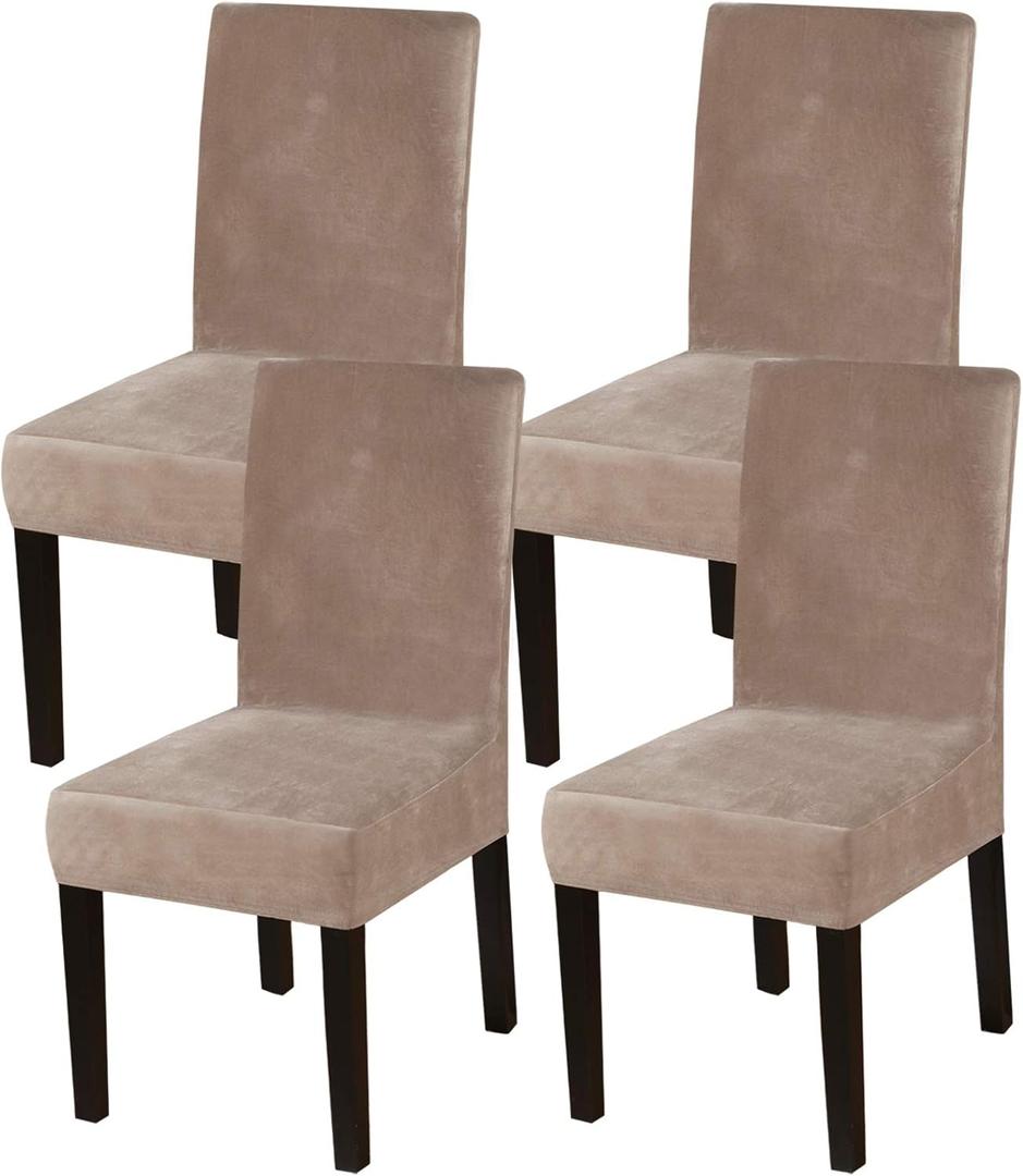 Turquoize Dining Chair Covers Stretch Chair Covers for Dining Room Velvet Chair Protector Covers Slipcover Parson Chair Covers Set of 4 for Hotel Ceremony, Thick Soft Velvet Fabric (4, Taupe)