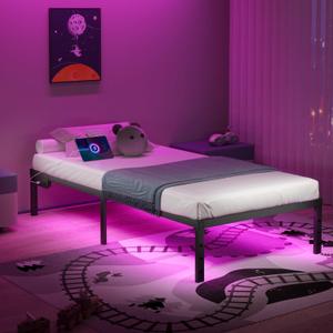 Twin Bed Frame with LED Lights & Charging Station - 14 Inch Heavy Duty Metal Platform Bed Frame No Box Spring Needed, Easy Assembly, No Noise