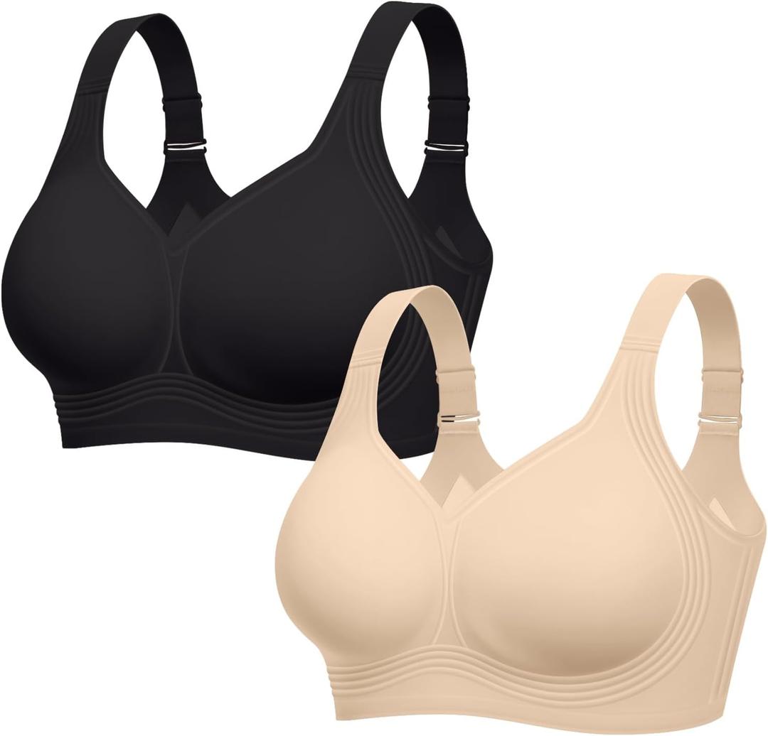 LetsJoli Bras for Women Supportive Wireless Push Up Bra Full Coverage No Underwire Seamless Plus Size for Older Women(Black+Nude,2PCS,S)