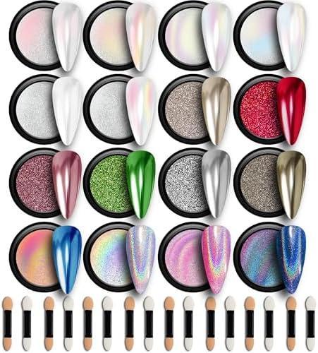 GELPARTY 16 Colour Chrome & Holographic Nail Powder Kit – Mirror-Effect Metallic Nail Art Pigment Set for UV/LED Gel Nails, Professional DIY Home Salon Finish