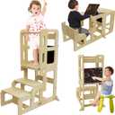 3 in 1 Toddler Kitchen Step Stool, Kids Tower with Chalkboard & Safety Rail, Foldable Weaning Table with Kids Step Stool, Standing Stool for Kitchen and Bathroom