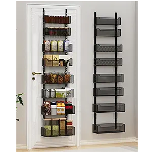 VyGrow Over the Door Organizer, 8Tier Pantry Organizer with Fully Enclosed Mesh Baskets, HeavyDuty Metal Hanging Spice Rack for Kitchen Bathroom Laundry Room, 2in1 Wall Mount or Door Mount, Black