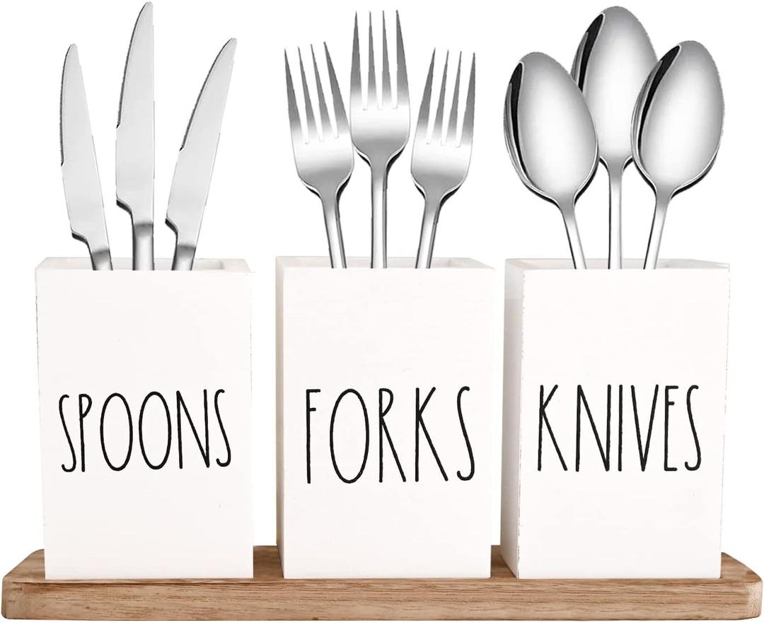 CHONIC Farmhouse Silverware Holder, Rustic Wood Silverware Caddy with Tray, Spoon Fork Knives Flatware Dispenser, Utensil Countertop Organizer, Plastic Cutlery Holder for Kitchen Party (White)