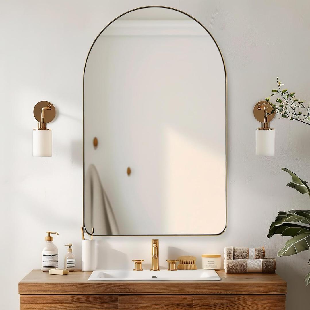 ANDY STAR Arched Mirror, 22" x 35" Gold Bathroom Mirror in Stainless Steel Metal Frame, Arch Top Rounded Corner 1" Deep Set Design Wall Mount Hangs Vertical