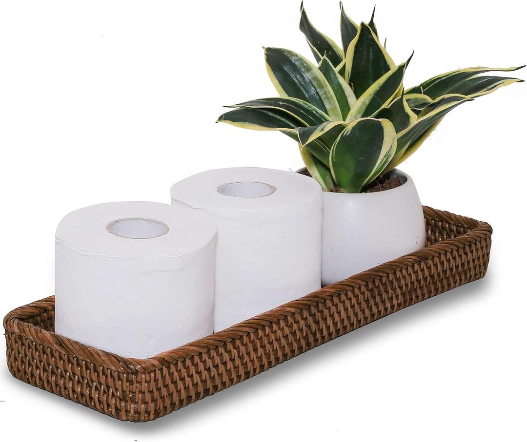 Rattan Toilet Tank Basket Guest Towel Holder for Serving Organizing Bread Shelves 17'' x 6'' x 2'' Bathroom Counter and Storage Decorative Wicker Tray (17 x 6 x 2 inches, Dark Brown)