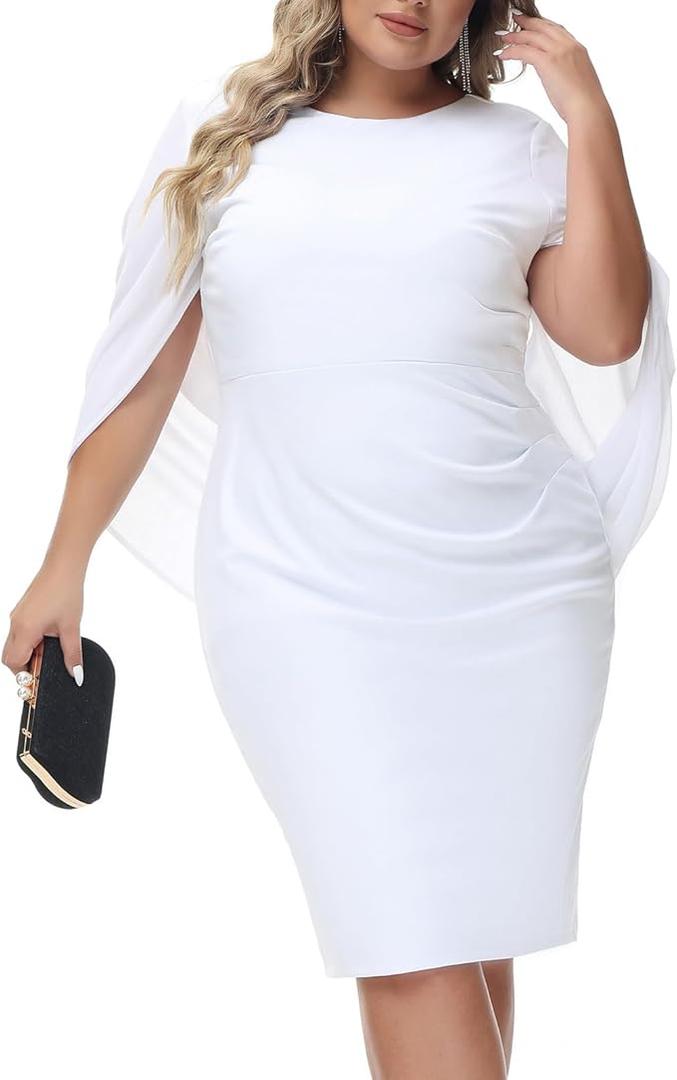 Hanna Nikole Women Plus Size Chiffon Cape Dresses Ruffle Style Midi Bodycon Cocktail Dress, White ,18 W