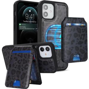 iCoverCase Wallet Case for iPhone 12/12 Pro Compatible with MagSafe, Magnetic Detachable Card Slots Holder PU Leather Kickstand Wireless Charging Case 6.1 Inch (Black Leopard)
