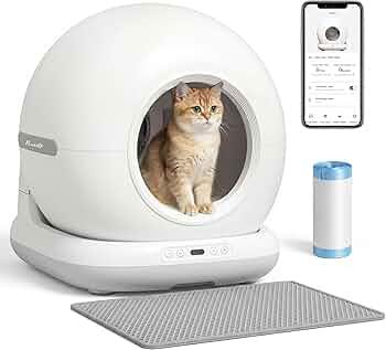 Self Cleaning Litter Box, Integrated Safety Automatic Cat Litter Box Self Cleaning 65L+9L for Multiple Cats, App Control, Odor Removal, Includes Mat & Liner (3 Rolls) - White
