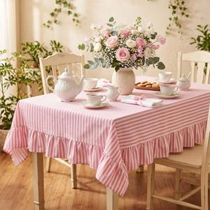 Mindsoft Pink Striped Ruffled Tablecloth 60 x 120 Inches Cotton Linen Rectangle Striped Table Cloth Classic Farmhouse Vintage Table Cover Decorative Pattern for Holiday Party