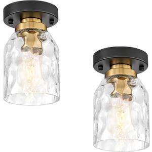 zeyu Modern Ceiling Light Set of 2, 1-Light Semi Flush Mount Ceiling Lighting Fixture for Bedroom Hallway, Water Ripple Glass Shade, Black and Gold Finish, ZG33F-2 BK+BG-WG