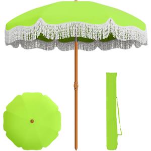 AreShark 7ft Patio Umbrella with Fringe, UPF50+ Beach Umbrella for Table, Pool & Garden, Portable Outdoor Tassels Umbrella w/Fiberglass Ribs&Push Bottom Tilt(Apple Green)