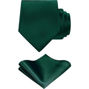 TIE G Solid Satin Woven dyed Color Formal Black Necktie and Pocket Square Sets in Gift Box (Green)